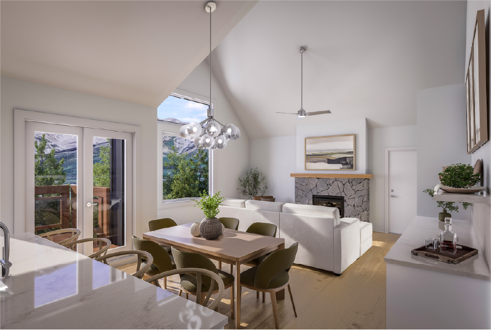 Spacious living room with mountain-inspired design in a Ridgeview townhome in Canmore